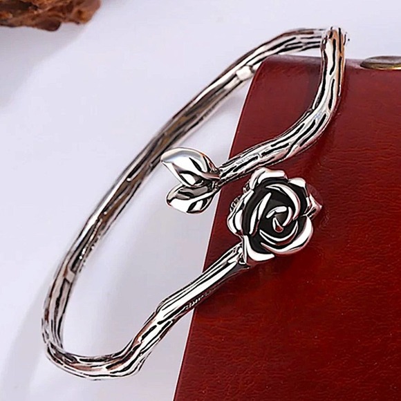 Rose Flower Sterling Silver Bangle Bracelet - Picture 1 of 6